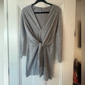 Free People Gray V-Neck Sweater with Tie Front